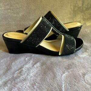 Bandolino BNILUVIT2 Black Rhinestone Wedge Sandals T-Strap Mules Womens 6M